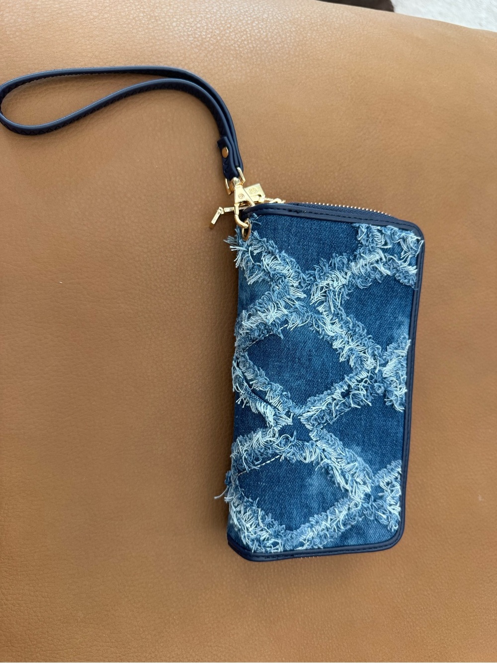 Denim Textured Wristlet Clutch in Blue
